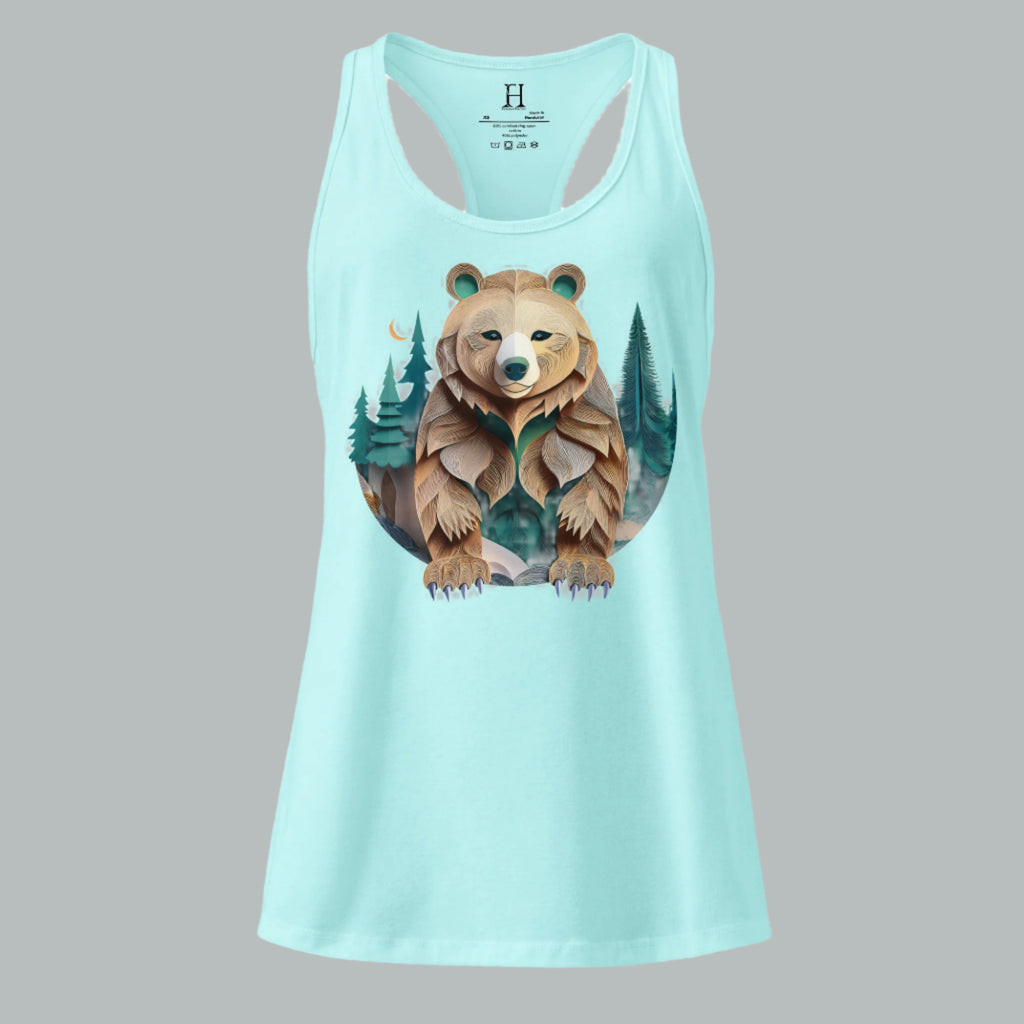 Front view of Fearless Harbor Women's Bear Haven Tank in cancun with craft-paper bear-in-trees graphic for hunters.