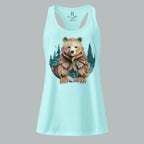 Front view of Fearless Harbor Women's Bear Haven Tank in cancun with craft-paper bear-in-trees graphic for hunters.