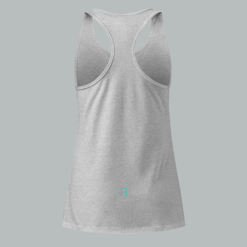 Back view of Fearless Harbor Women's Bear Haven Tank in heather grey, showcasing fitted racerback for women.
