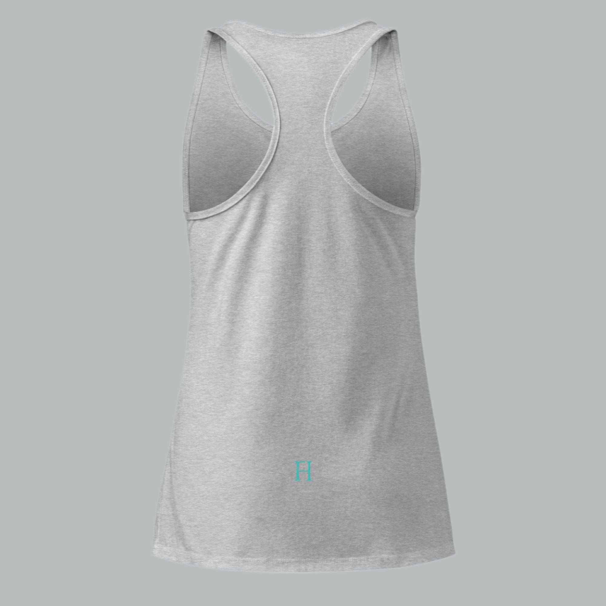 Back view of Fearless Harbor Women's Bear Haven Tank in heather grey, showcasing fitted racerback for women.