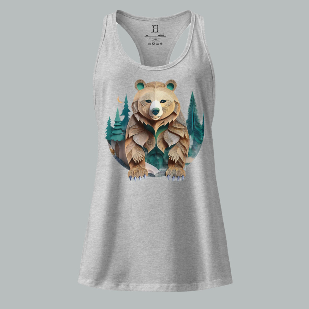 Front view of Fearless Harbor Women's Bear Haven Tank in heather grey with craft-paper bear-in-trees graphic for hunters.