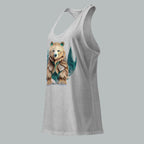 Left front view of Fearless Harbor Women's Bear Haven Tank in heather grey, ideal for active hunters.