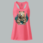Front view of Fearless Harbor Women's Bear Haven Tank in hot pink with craft-paper bear-in-trees graphic for hunters.