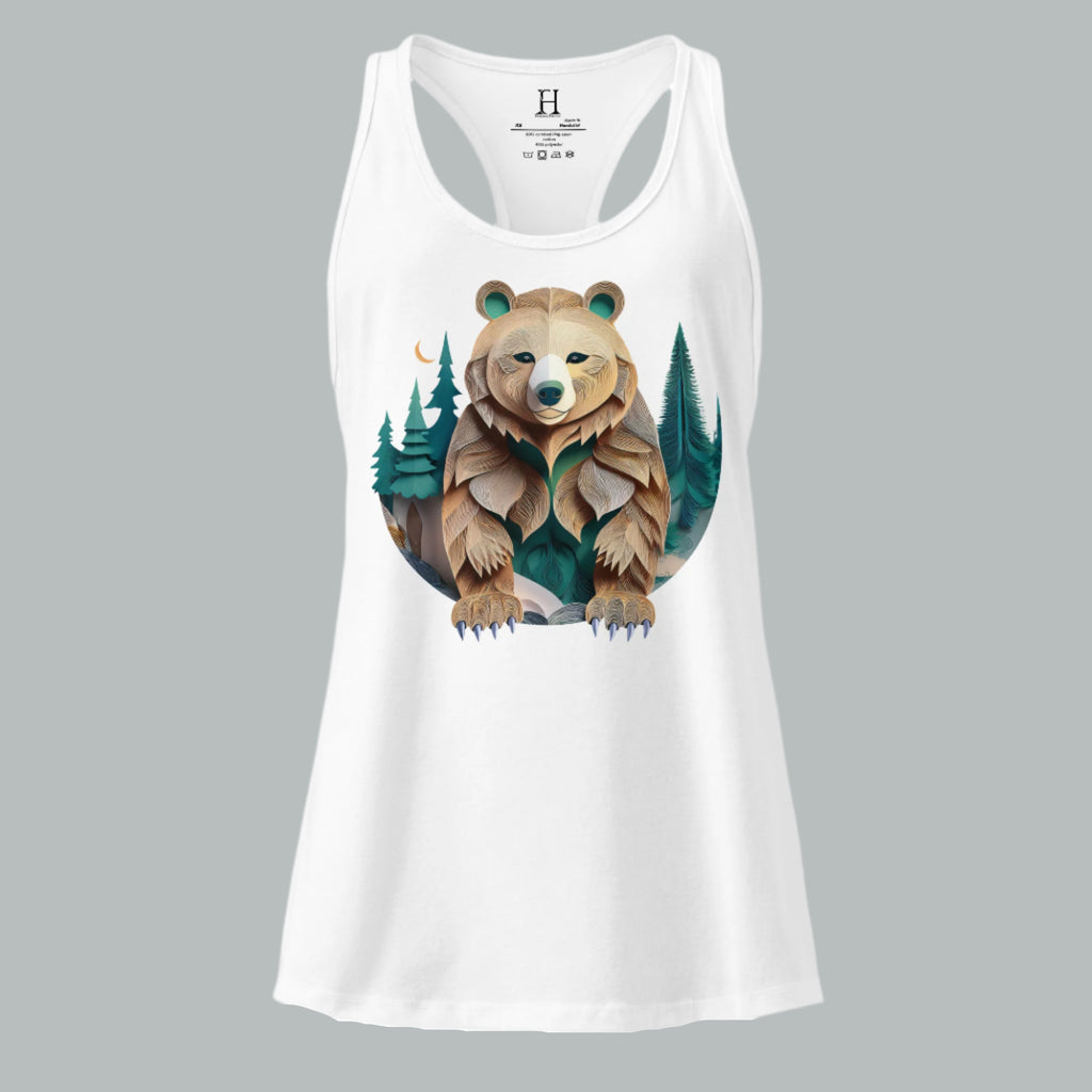 Front view of Fearless Harbor Women's Bear Haven Tank in white with craft-paper bear-in-trees graphic for hunters.
