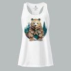 Front view of Fearless Harbor Women's Bear Haven Tank in white with craft-paper bear-in-trees graphic for hunters.