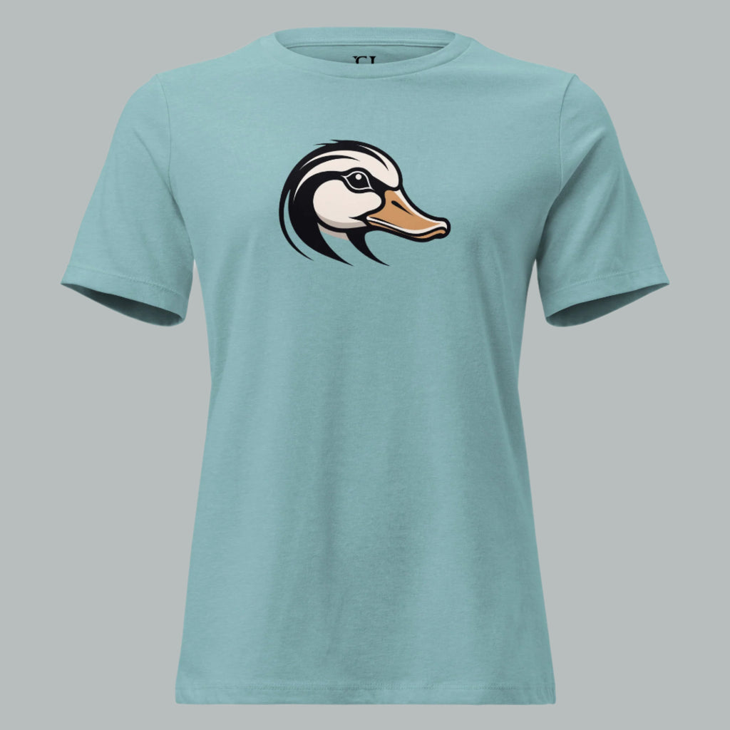 Front view of Fearless Harbor Women's Duck Head Relaxed Tee in Blue Lagoon, featuring duck design for hunters.