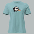 Front view of Fearless Harbor Women's Duck Head Relaxed Tee in Blue Lagoon, featuring duck design for hunters.