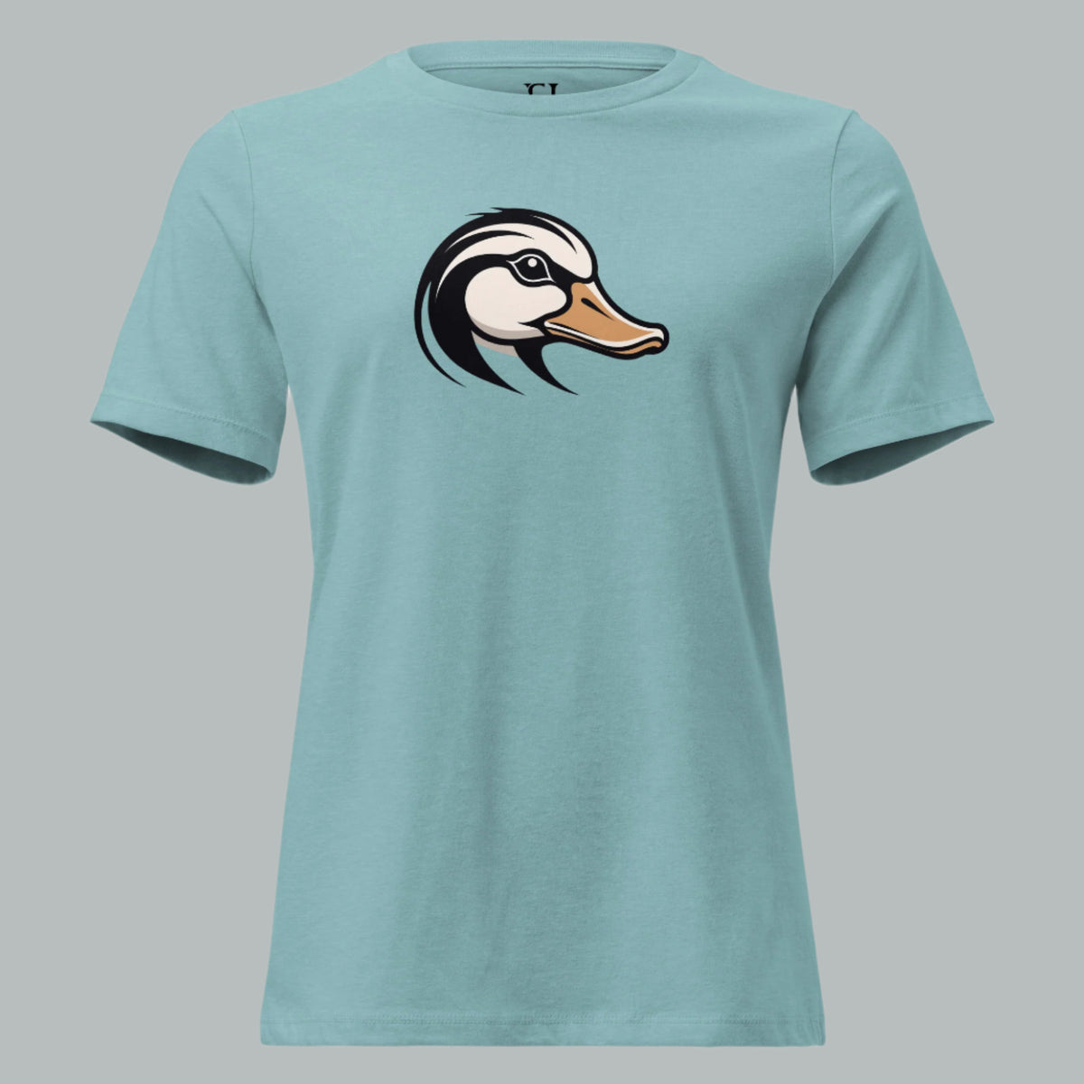 Front view of Fearless Harbor Women's Duck Head Relaxed Tee in Blue Lagoon, featuring duck design for hunters.