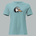 Front view of Fearless Harbor Women's Duck Head Relaxed Tee in Blue Lagoon, featuring duck design for hunters.