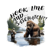Die cut sticker featuring a fisherman snagged on sasquatch, with the bold text "Hook, Line, Sasquatch!?" perfect for outdoor enthusiasts.