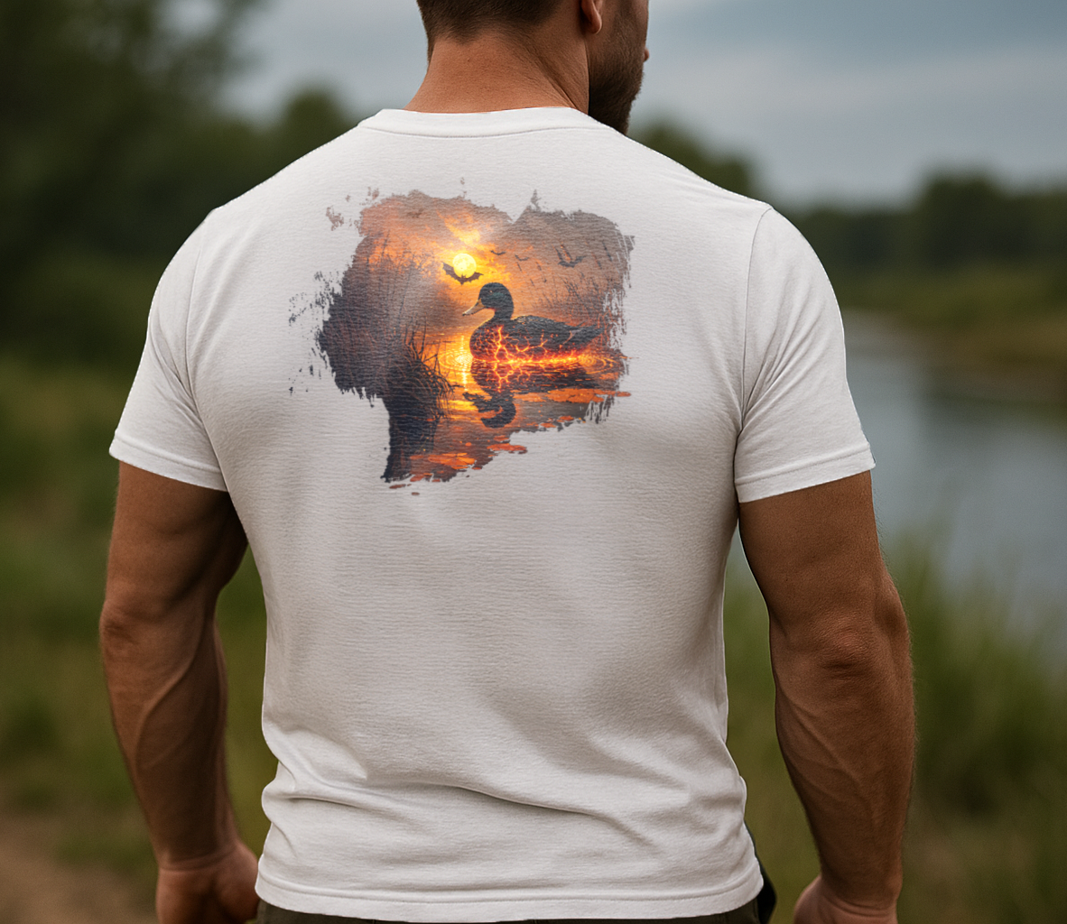 Back view of a Waterfowl Hunter wearing Drift Through Dark Duck Tee in White, highlighting durable tri-blend fit.