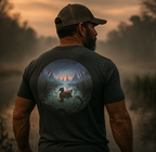 Back view of Man Wearing Drift Through the Dark Tee in grey, featuring vintage haunted forest design for Halloween.