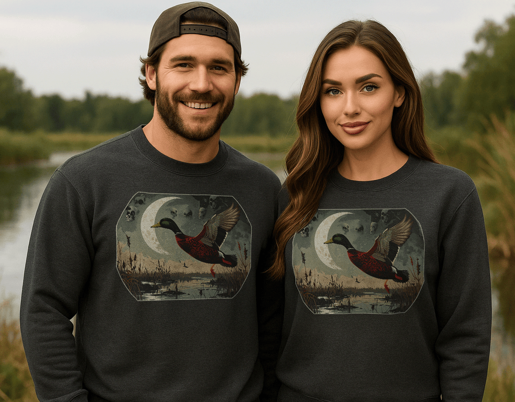 Man and Woman wearing dark gray Waterfowl sweatshirts with duck blood marsh graphics outdoors.