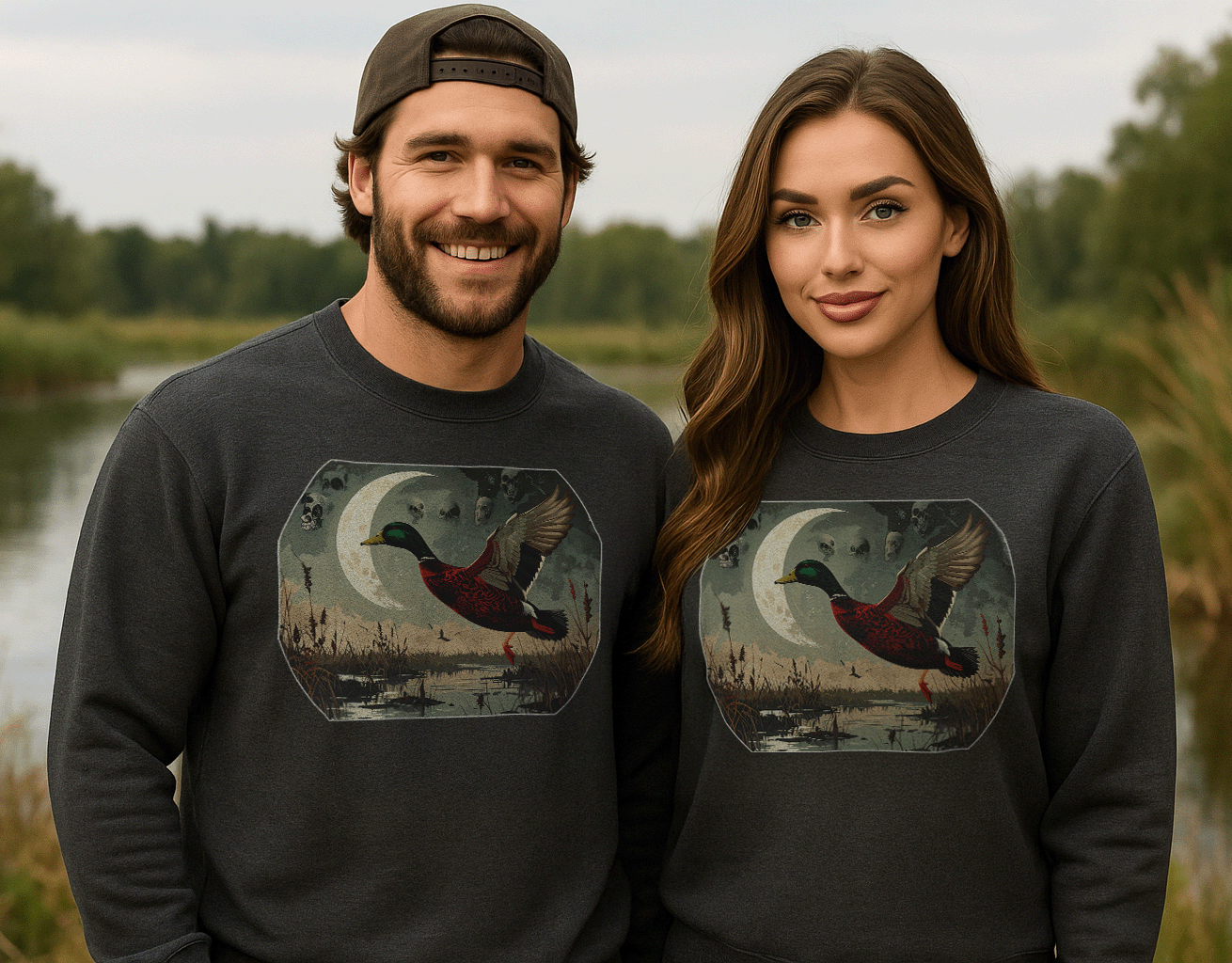 Man and Woman wearing dark gray Waterfowl sweatshirts with duck blood marsh graphics outdoors.
