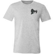 Front view of Men’s Big Catch Bigfoot Fishing Tee in Athletic Heather showing Bigfoot Pinetree Silhouette and the text "Born of Timber"