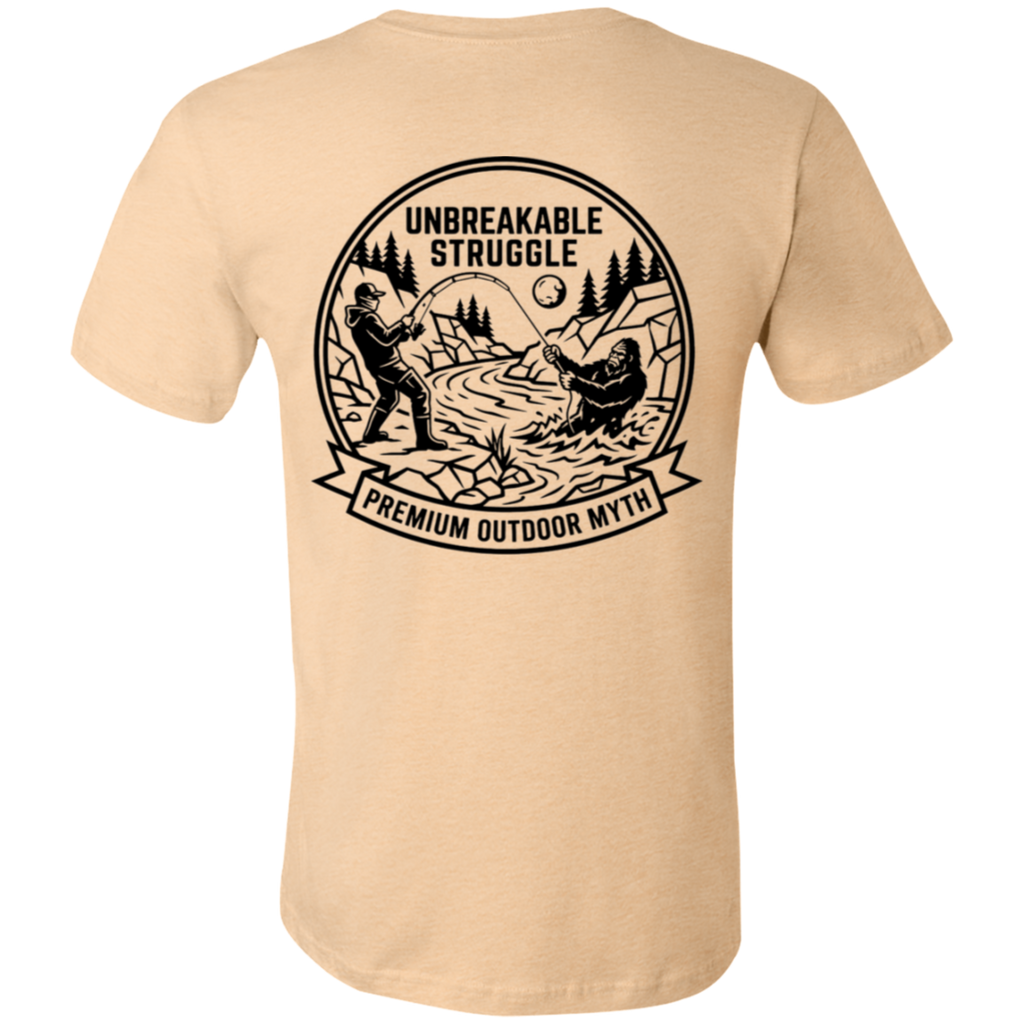 Back view of Men’s Big Catch Bigfoot Fishing Tee in heather sand dune showing the premium fabric and fit.