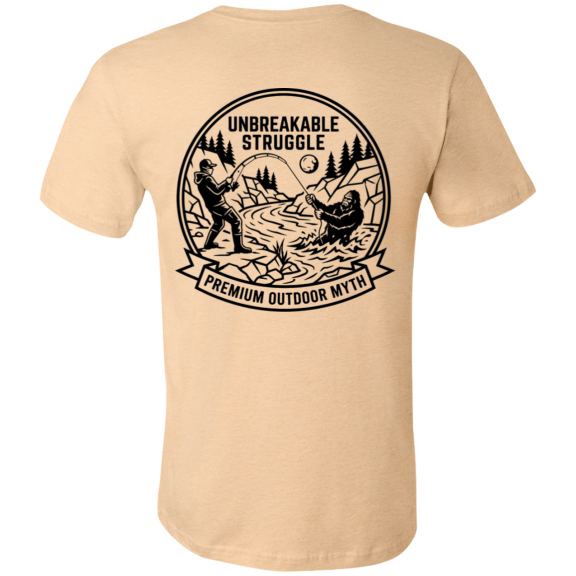 Back view of Men’s Big Catch Bigfoot Fishing Tee in heather sand dune showing the premium fabric and fit.