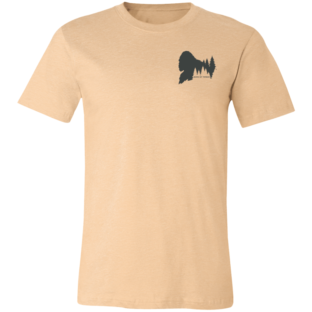 Front view of Men’s Big Catch Bigfoot Fishing Tee in Heather Sand Dune showing Bigfoot Pinetree Silhouette and the text "Born of Timber"