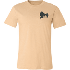 Front view of Men’s Big Catch Bigfoot Fishing Tee in Heather Sand Dune showing Bigfoot Pinetree Silhouette and the text "Born of Timber"