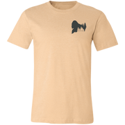 Front view of Men’s Big Catch Bigfoot Fishing Tee in Heather Sand Dune showing Bigfoot Pinetree Silhouette and the text "Born of Timber"