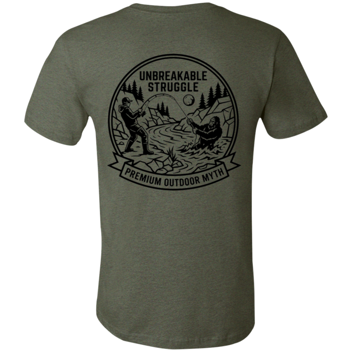 Back view of Men’s Big Catch Bigfoot Fishing Tee in military green showing the premium fabric and fit.