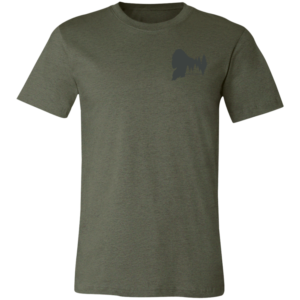 Front view of Men’s Big Catch Bigfoot Fishing Tee in Military Green showing Bigfoot Pinetree Silhouette and the text "Born of Timber"