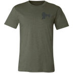 Front view of Men’s Big Catch Bigfoot Fishing Tee in Military Green showing Bigfoot Pinetree Silhouette and the text "Born of Timber"