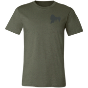 Front view of Men’s Big Catch Bigfoot Fishing Tee in Military Green showing Bigfoot Pinetree Silhouette and the text "Born of Timber"