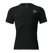 Mens charcoal black triblend bigfoot hunting shirt showing What If He Hunts Back front graphic with bigfoot silhouette