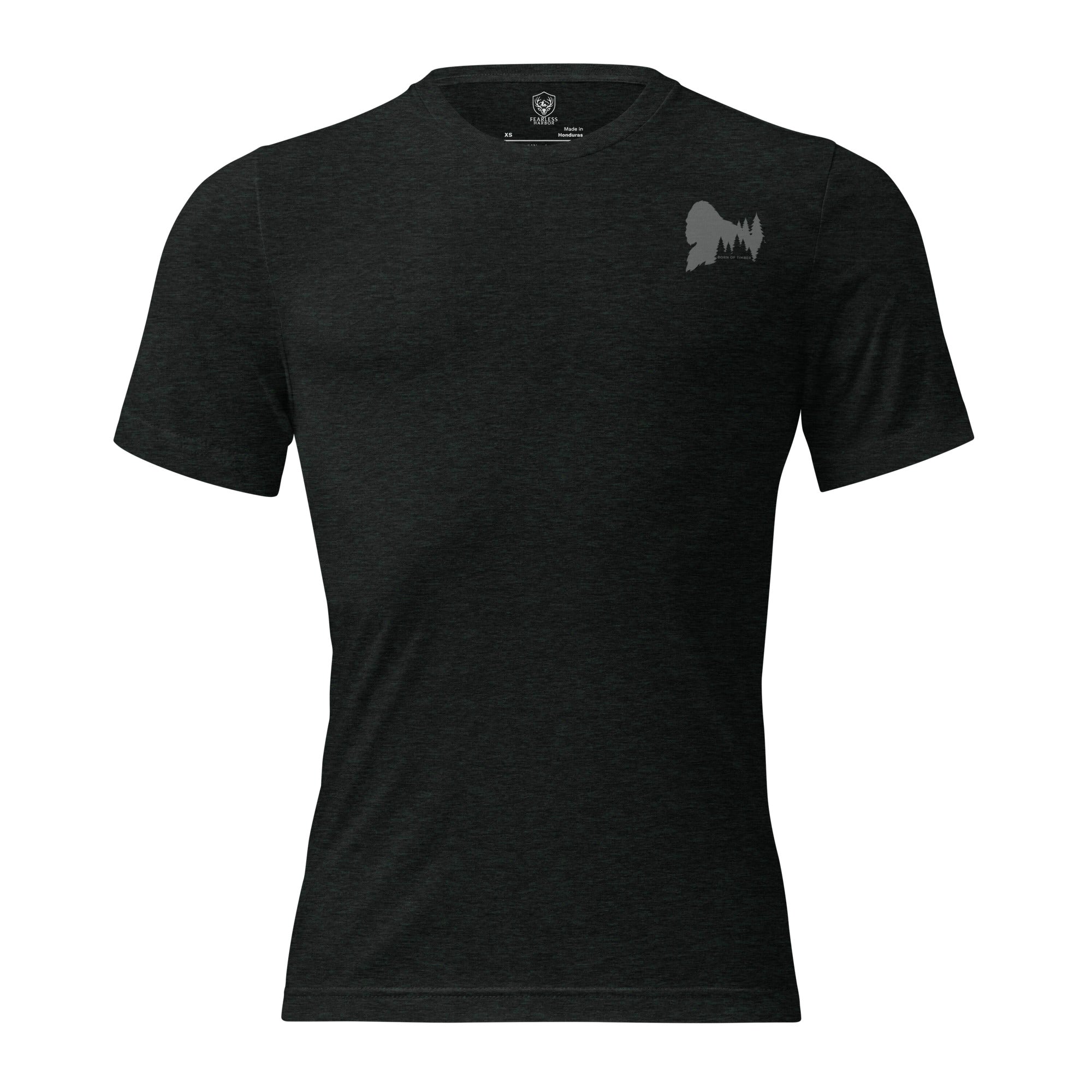 Mens charcoal black triblend bigfoot hunting shirt showing What If He Hunts Back front graphic with bigfoot silhouette