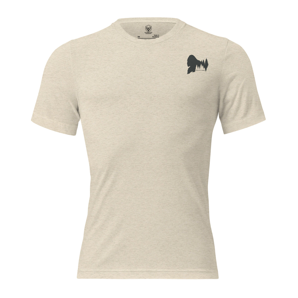 Mens oatmeal triblend bigfoot hunting shirt showing What If He Hunts Back front graphic with bigfoot silhouette