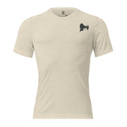 Mens oatmeal triblend bigfoot hunting shirt showing What If He Hunts Back front graphic with bigfoot silhouette