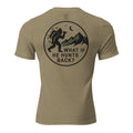 Mens olive triblend bigfoot hunting shirt showing What If He Hunts Back back graphic with bigfoot silhouette