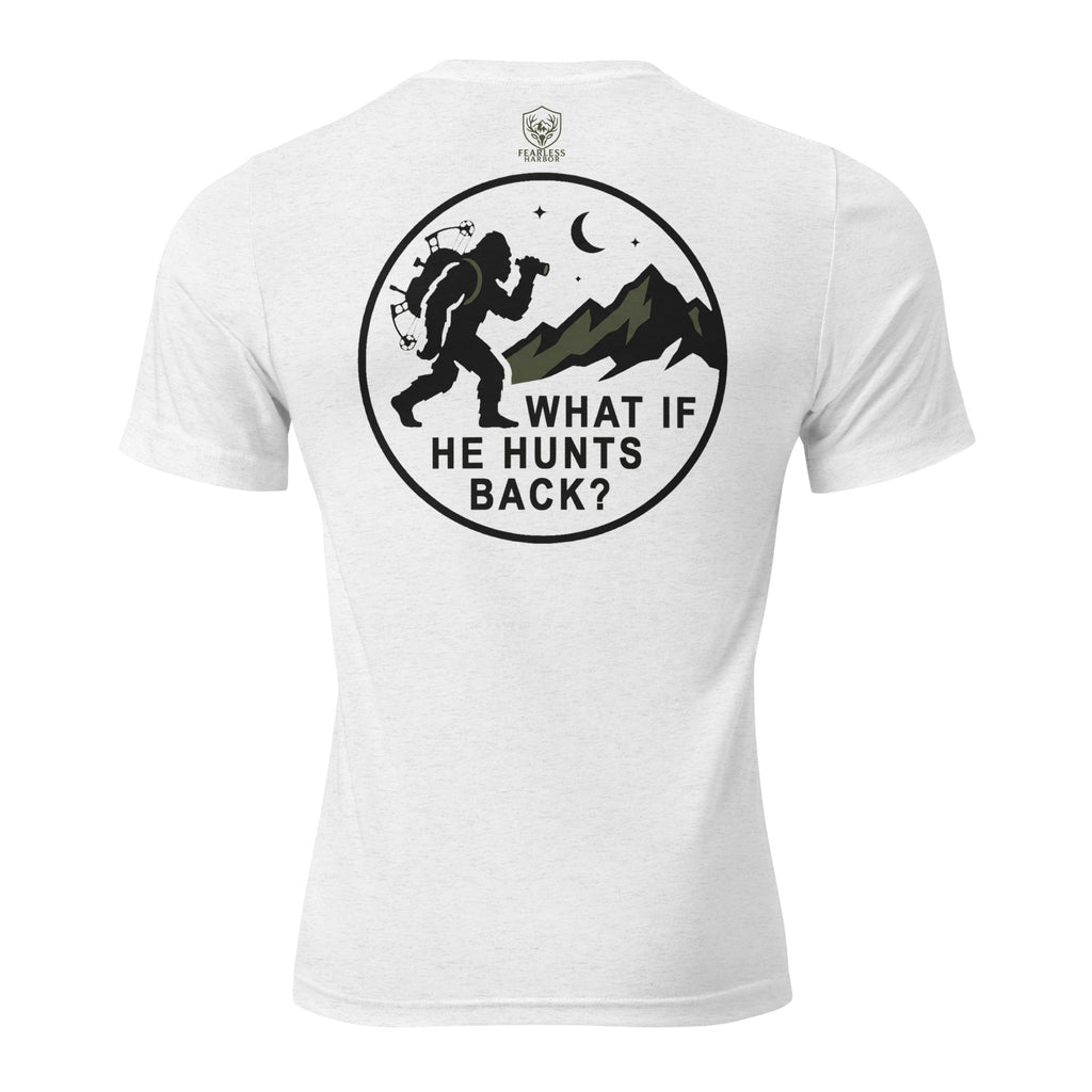 Mens solid white triblend bigfoot hunting shirt showing What If He Hunts Back back graphic with bigfoot silhouette