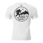 Mens solid white triblend bigfoot hunting shirt showing What If He Hunts Back back graphic with bigfoot silhouette
