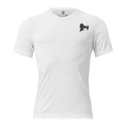 Mens solida white triblend bigfoot hunting shirt showing What If He Hunts Back front graphic with bigfoot silhouette