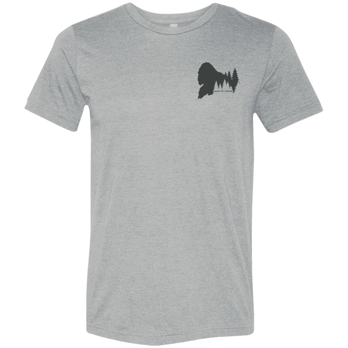 Front view of Men’s Bigfoot waterfowl  duck hunting Tee in Athletic Heather showing Bigfoot Pinetree Silhouette and the text "Born of Timber"