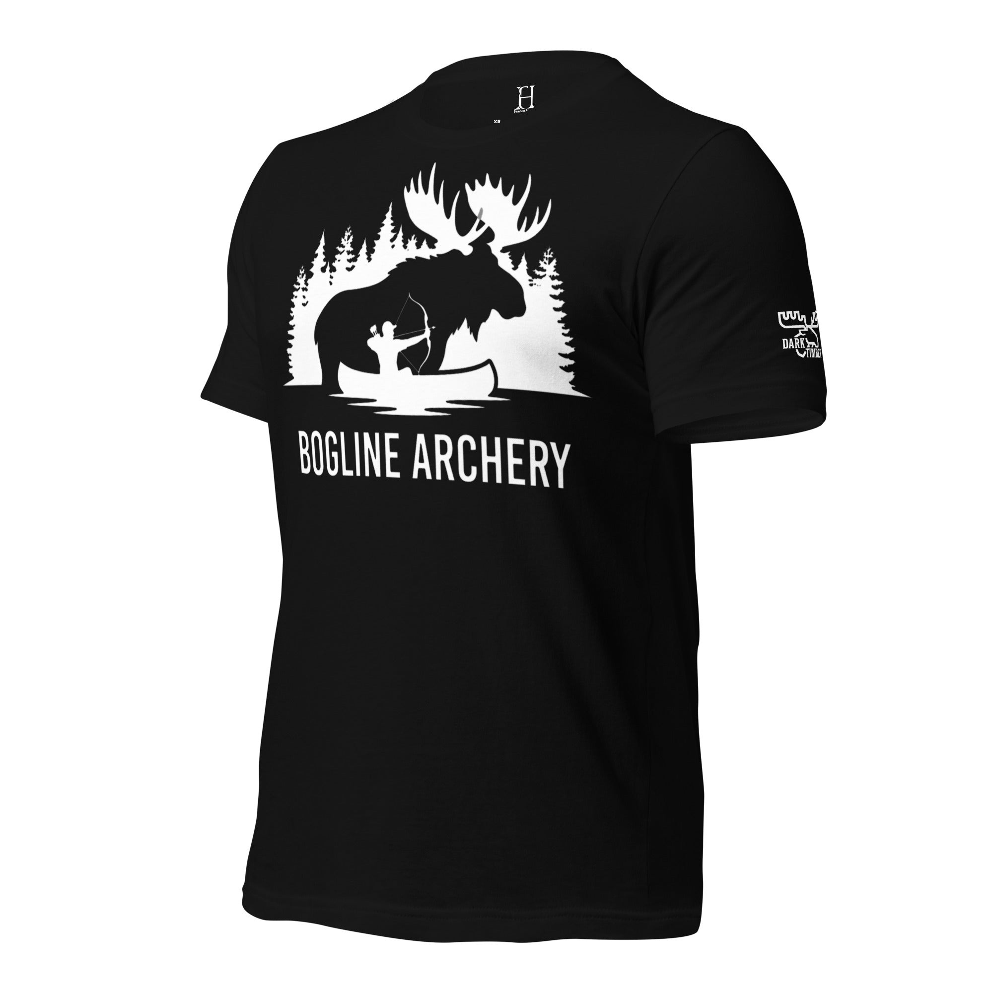 Side profile view of the Men's Bogline Archery Tee in Black showing the Dark Timber arm emblem