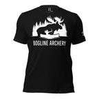 Front view of the Men's Bogline Archery Tee in Black showing the moose and archer graphic