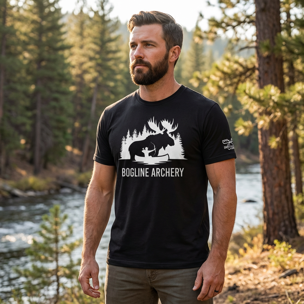 Man outdoors wearing the Men's Bogline Archery Tee in Black side view showing the Dark Timber arm emblem in a natural hunting environment
