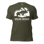 Front view of the Men's Bogline Archery Tee in Military Green with the moose and archer graphic