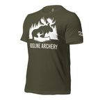 Side profile view of the Men's Bogline Archery Tee in Military Green featuring the Dark Timber arm emblem
