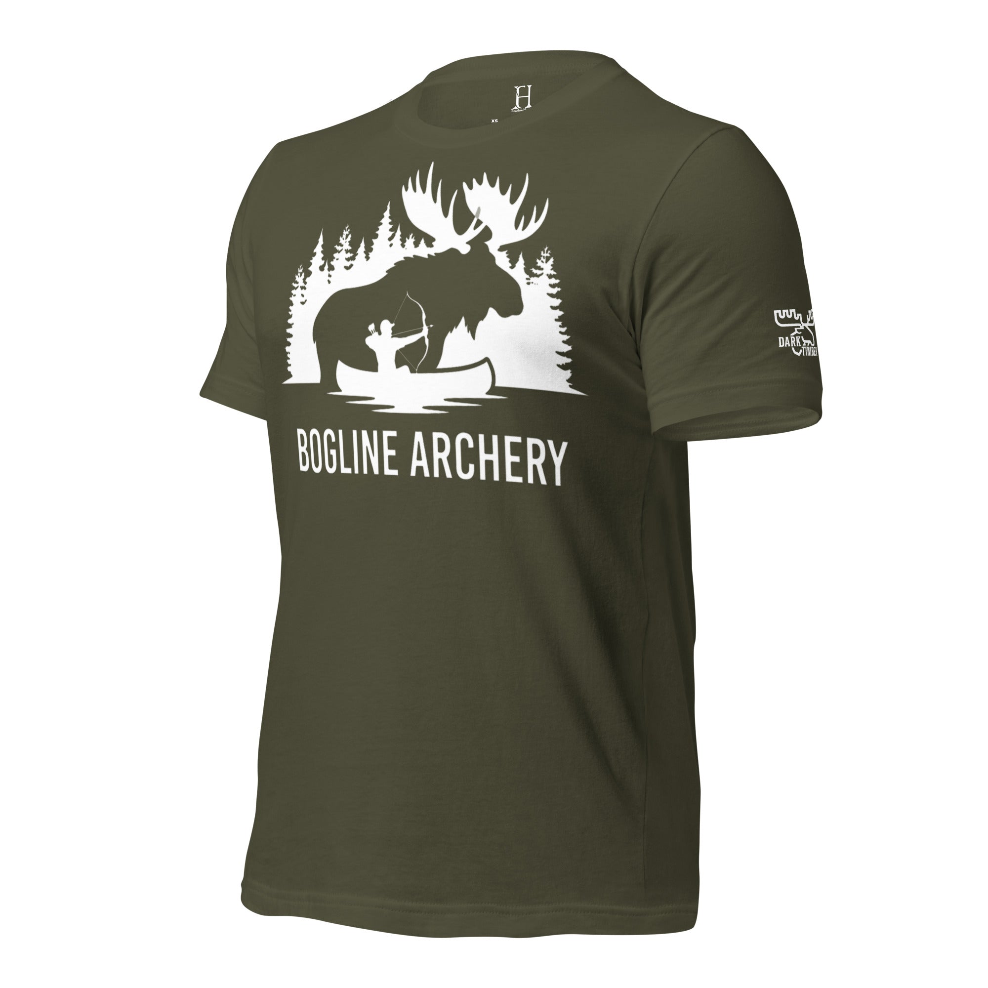 Side profile view of the Men's Bogline Archery Tee in Military Green featuring the Dark Timber arm emblem