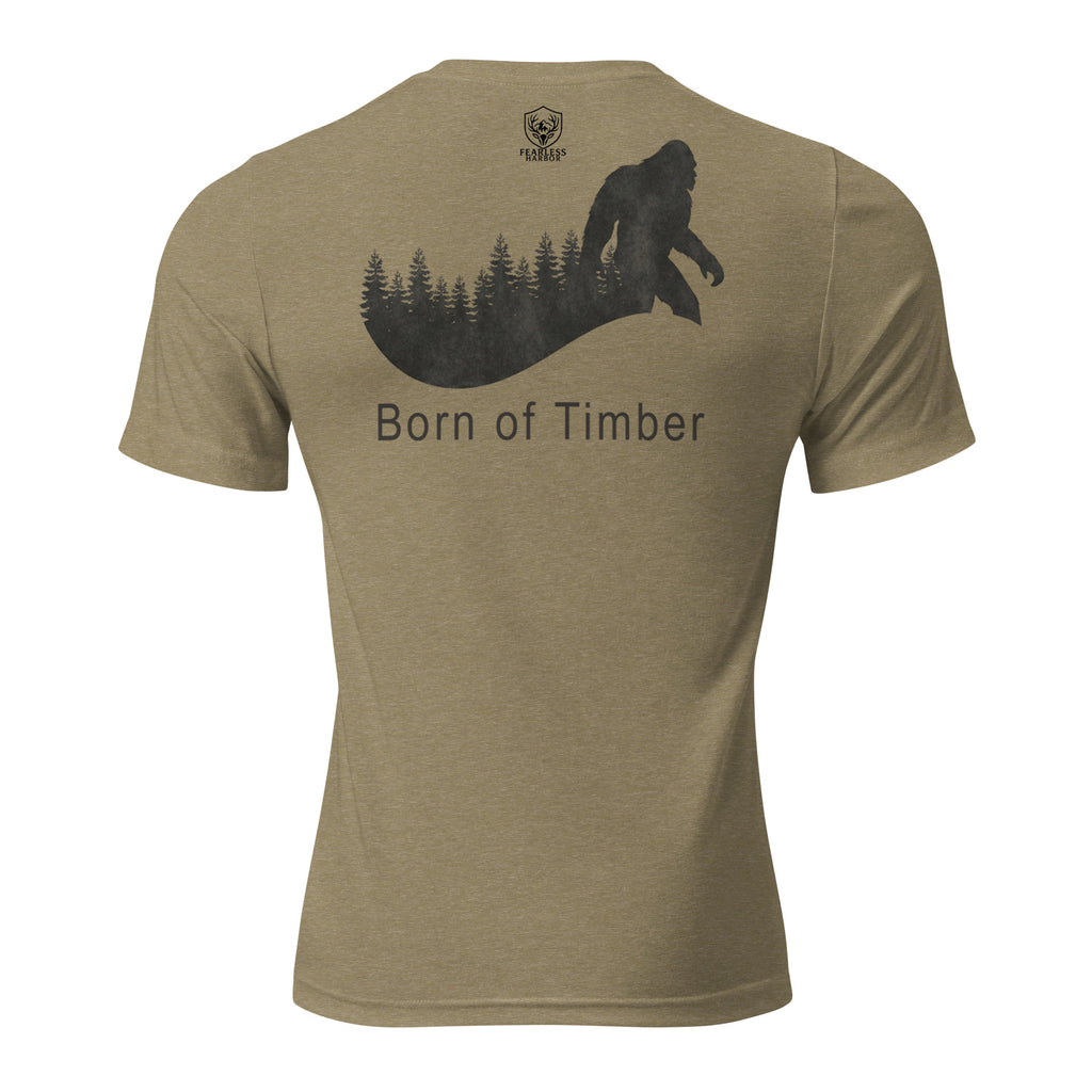 Mens olive triblend Born of Timber bigfoot hunting shirt showing bigfoot back graphic