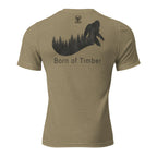 Mens olive triblend Born of Timber bigfoot hunting shirt showing bigfoot back graphic