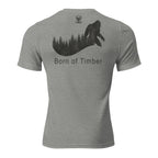 Mens athletic grey triblend Born of Timber bigfoot hunting tee showing bigfoot back graphic