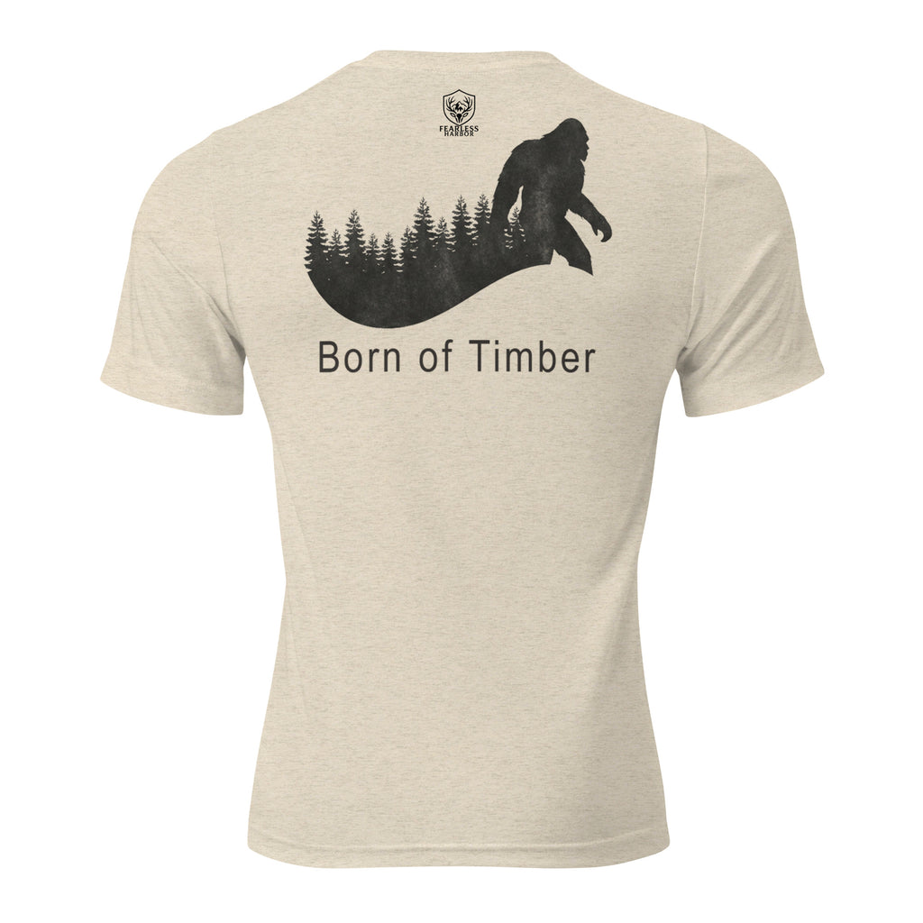 Mens oatmeal triblend Born of Timber bigfoot hunting tee showing bigfoot back graphic