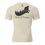 Mens oatmeal triblend Born of Timber bigfoot hunting tee showing bigfoot back graphic