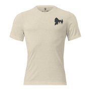 Mens oatmeal triblend Born of Timber bigfoot hunting tee with chest logo
