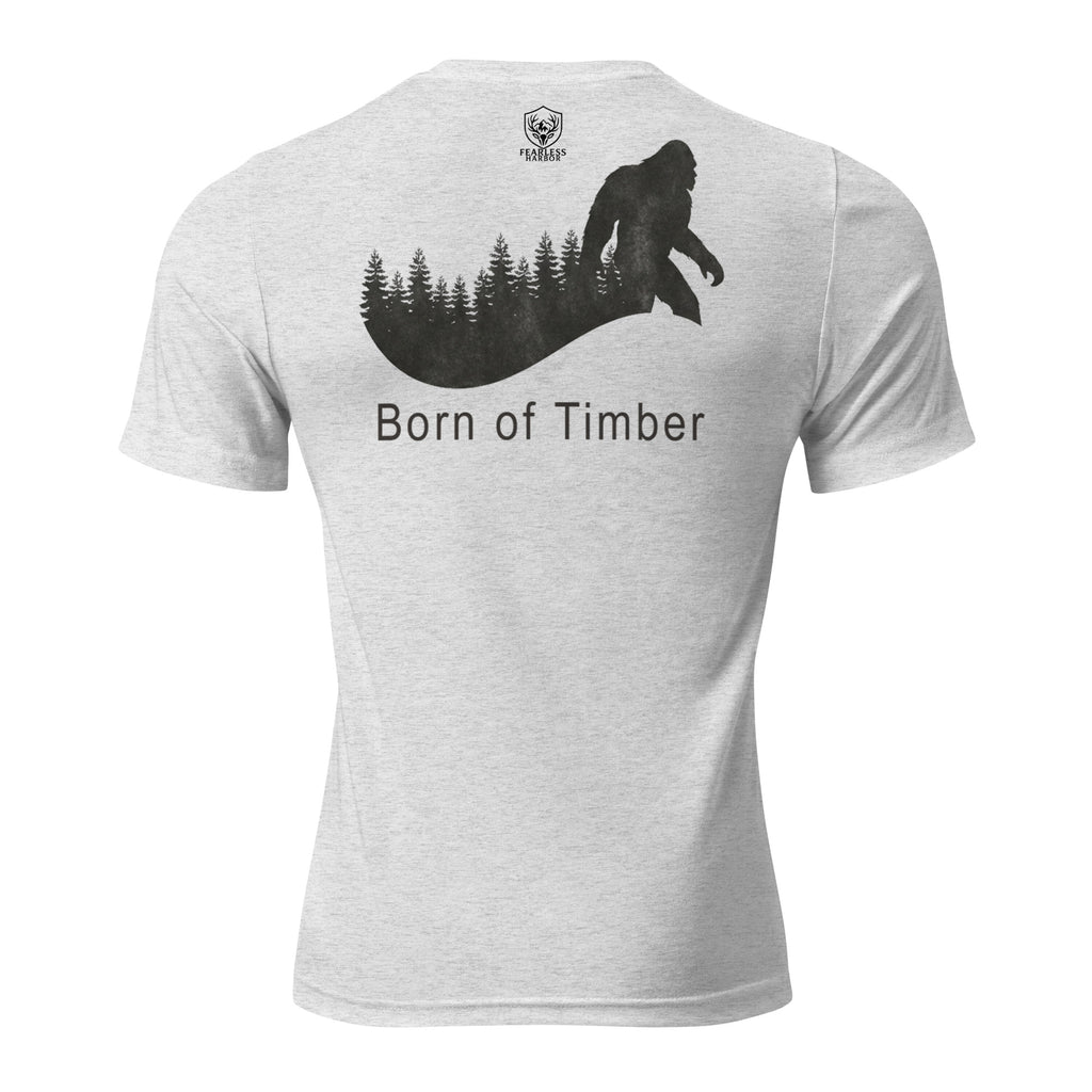 Mens white fleck triblend Born of Timber bigfoot hunting tee showing bigfoot back graphic